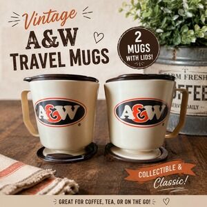 Vintage A&W Port-a-Mug Set of 2 Plastic Travel Mugs‎ with Dash Mount Bases Lids